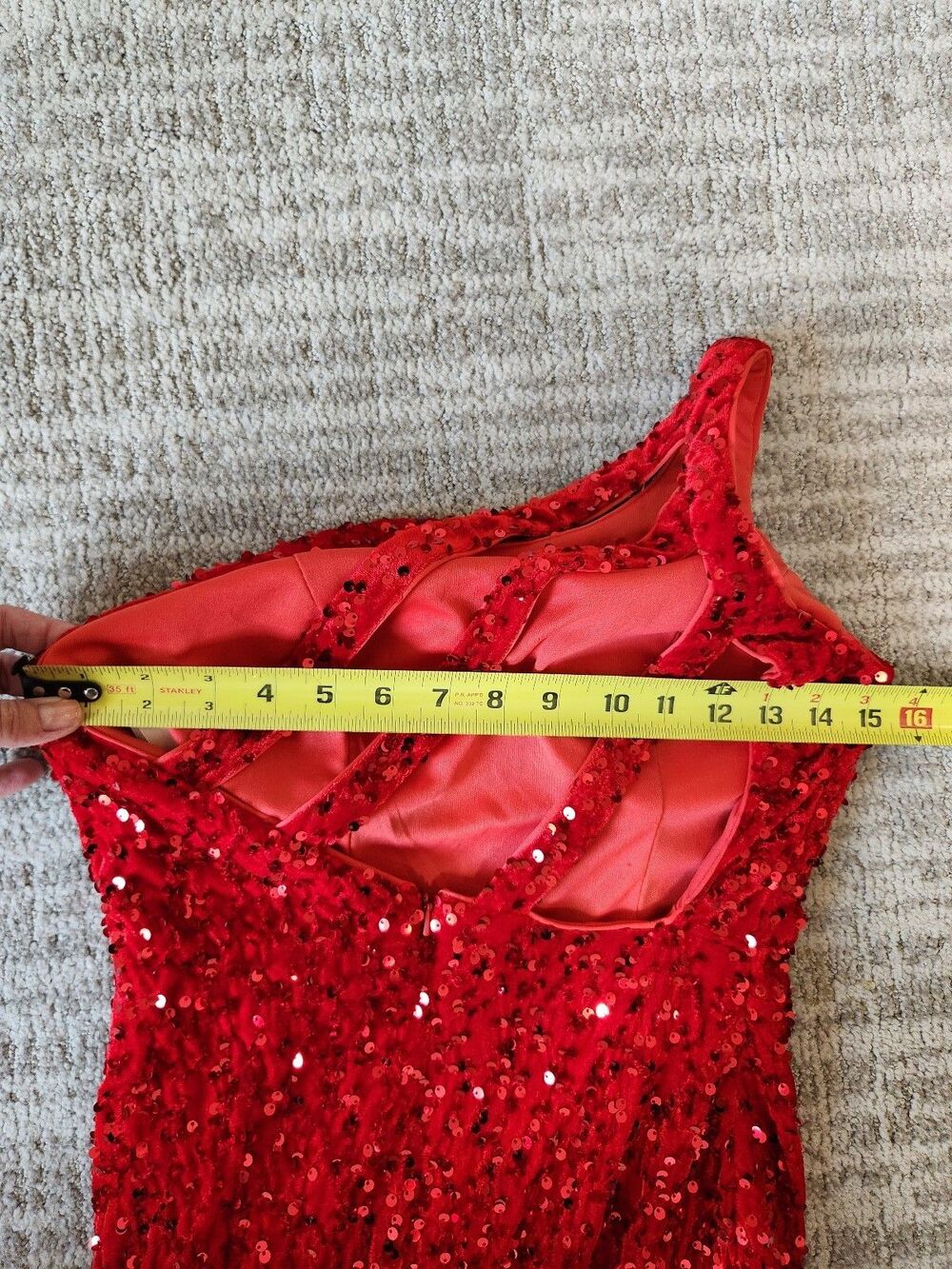 Red Sequin One Shoulder Crushed Velvet Maxi Dress with High Slit size 00 - Picture 10 of 12